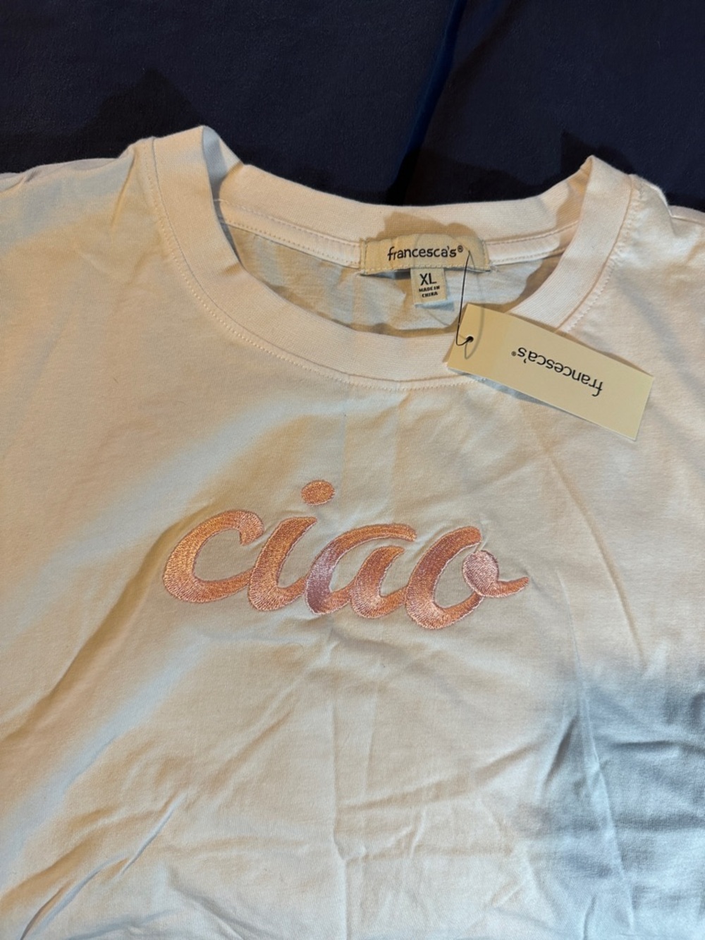Francesca's Collections White Tee with Pink 'ciao' Embroidery